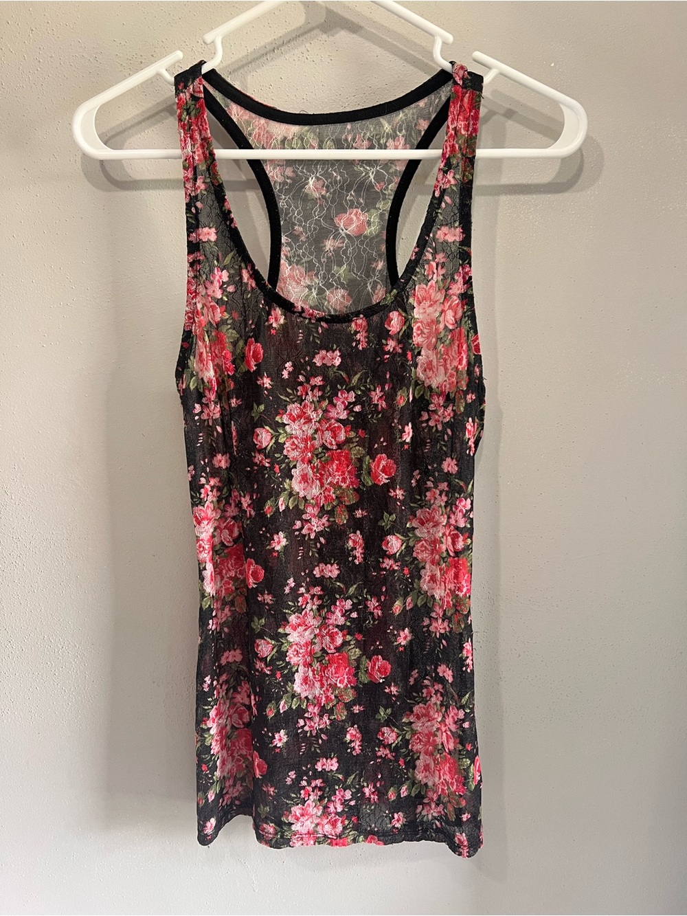 Floral Rose Scoop Neck Tank Top Stretchy sheer Black & Red-Pink S  Y2K
